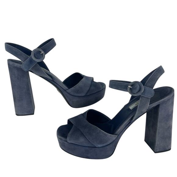 Prada Suede Crisscross Platform Sandals in Blue - Picture 1 of 16